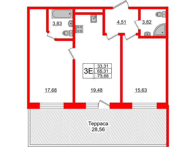 Апартаменты в ЖК Берег. Курортный, 2 комнатные, 73.88 м², 1 этаж