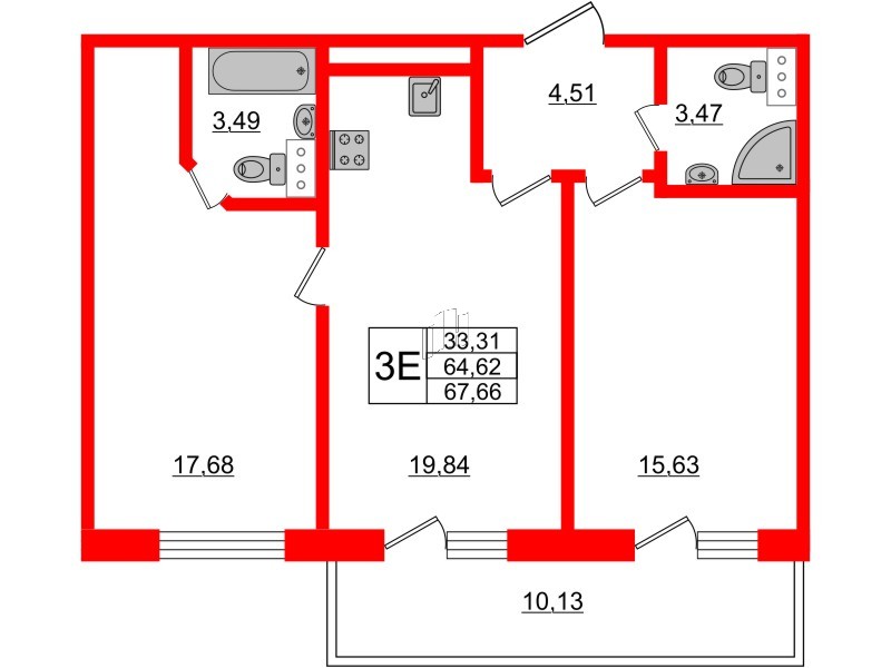Апартаменты в ЖК Берег. Курортный, 2 комнатные, 67.66 м², 3 этаж
