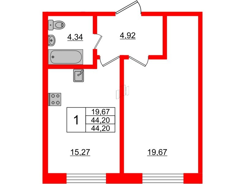 Апартаменты в ЖК Берег. Курортный, 1 комнатные, 44.2 м², 1 этаж