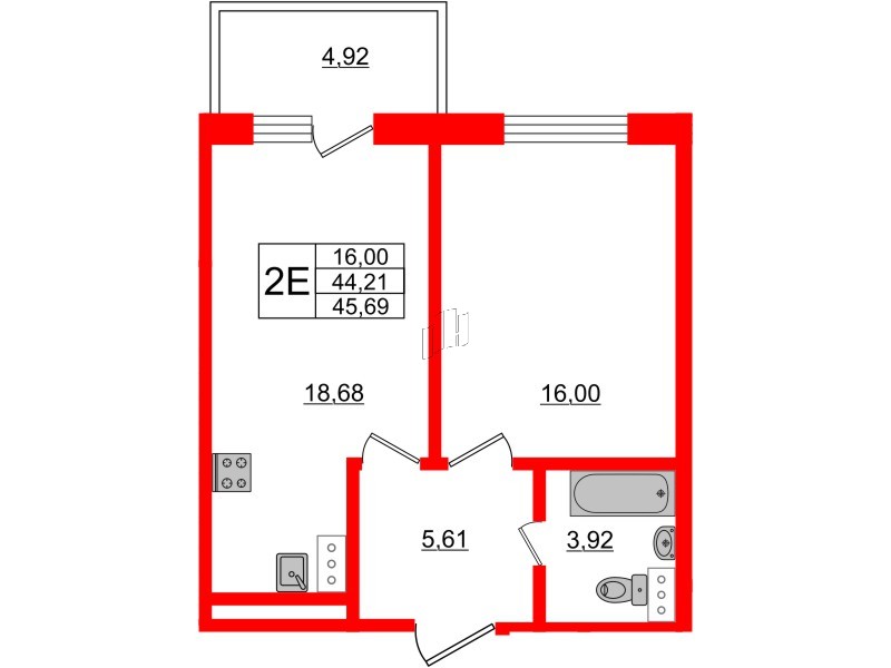 Апартаменты в ЖК Берег. Курортный, 1 комнатные, 45.69 м², 5 этаж