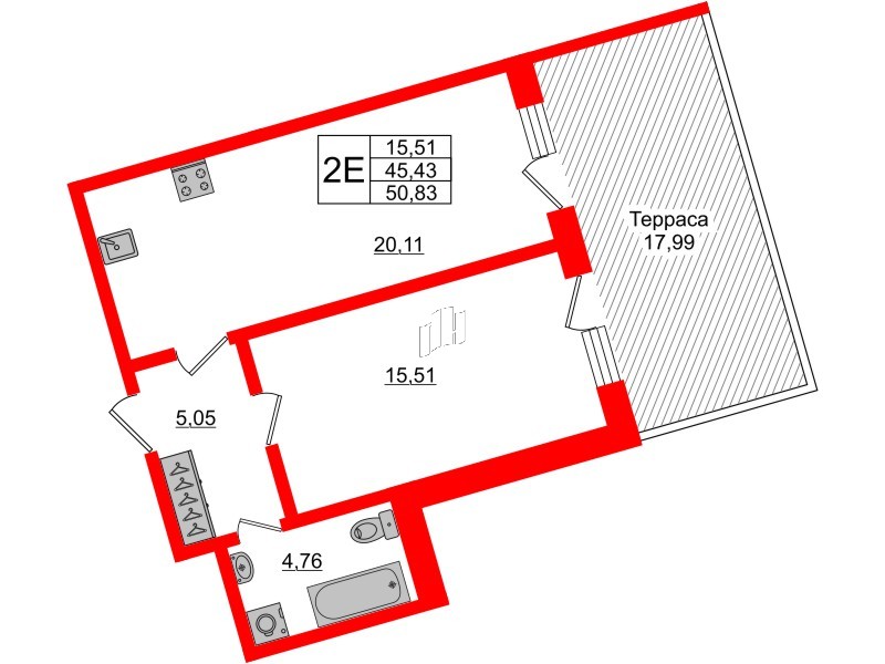 Апартаменты в ЖК Берег. Курортный, 1 комнатные, 50.83 м², 1 этаж