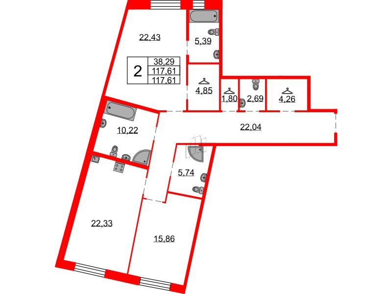 Квартира в ЖК Северная корона, 2 комнатная, 117.61 м², 2 этаж