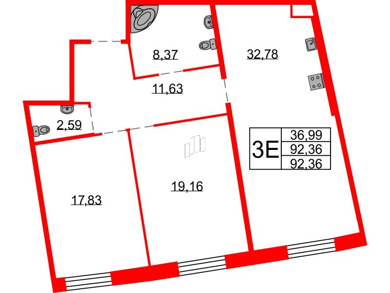Квартира в ЖК Северная корона, 2 комнатная, 92.36 м², 2 этаж