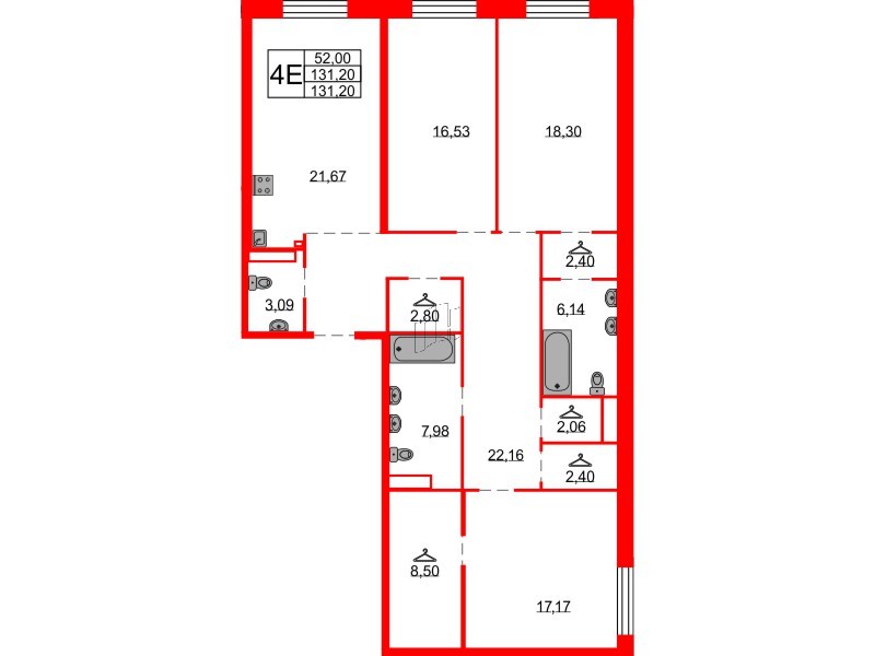 Квартира в ЖК Северная корона, 3 комнатная, 131.2 м², 3 этаж