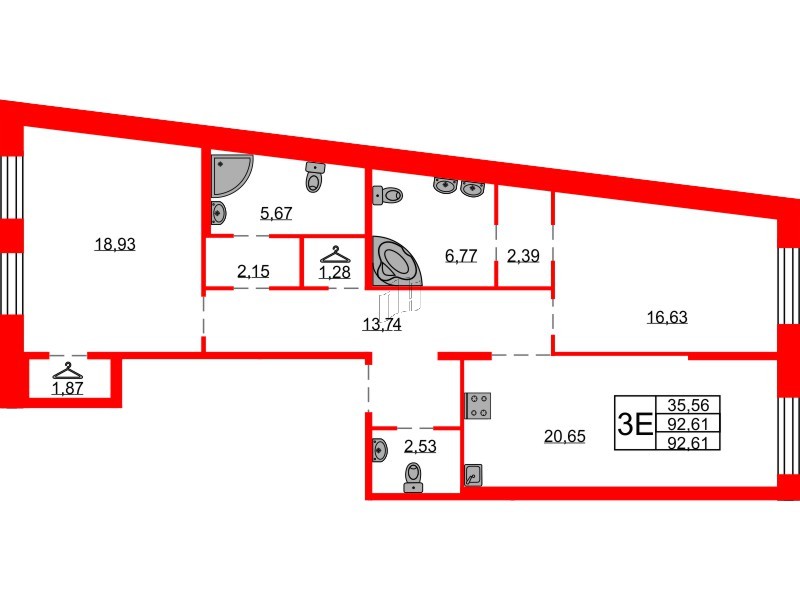 Квартира в ЖК Северная корона, 2 комнатная, 92.61 м², 2 этаж