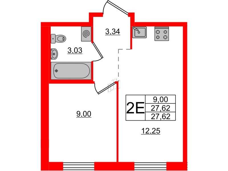 Квартира в ЖК ЦДС Новые горизонты-2, 1 комнатная, 27.62 м², 1 этаж