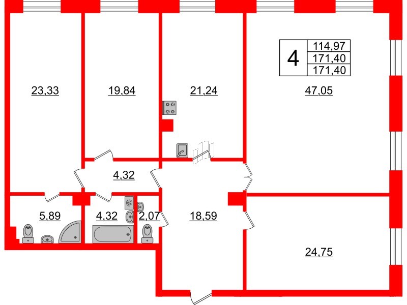 Квартира в ЖК Neva Haus, 4 комнатная, 171.5 м², 2 этаж