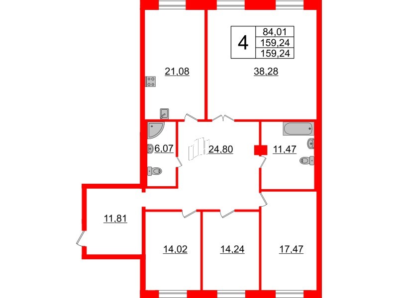 Квартира в ЖК Neva Haus, 4 комнатная, 159.6 м², 1 этаж