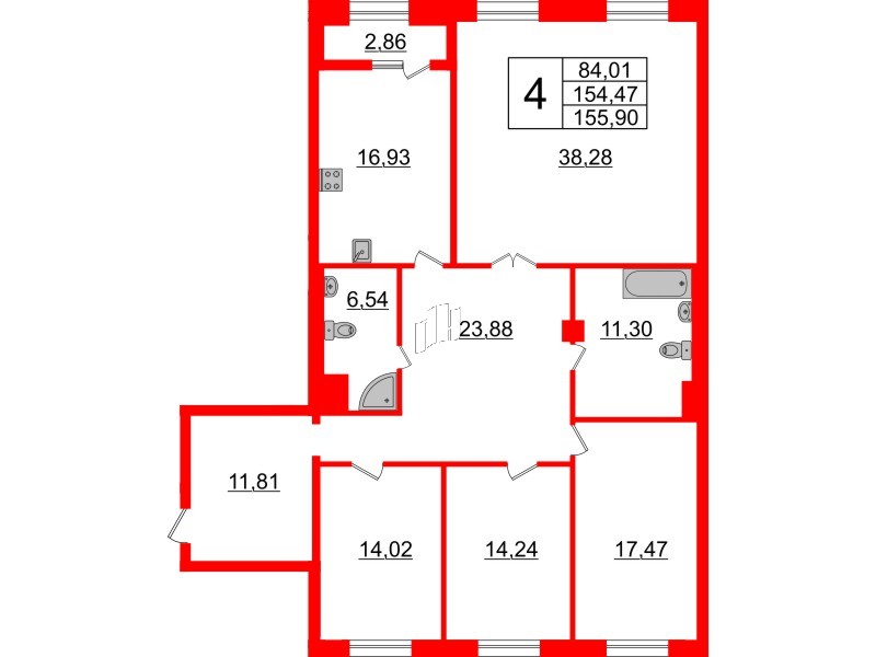 Квартира в ЖК Neva Haus, 4 комнатная, 156.3 м², 5 этаж
