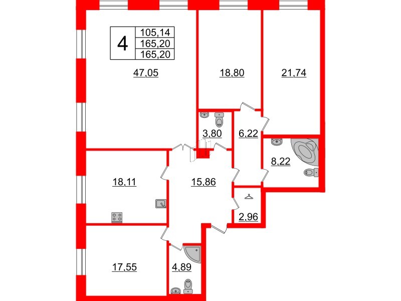 Квартира в ЖК Neva Haus, 4 комнатная, 165.7 м², 1 этаж