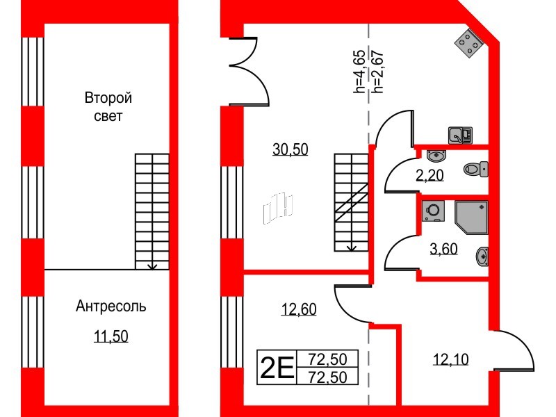 Квартира в ЖК NEWПИТЕР, 1 комнатная, 72.5 м², 1 этаж