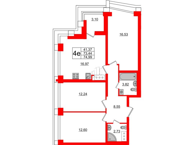 Квартира в ЖК Морская набережная.SeaView 2, 3 комнатная, 74.99 м², 17 этаж