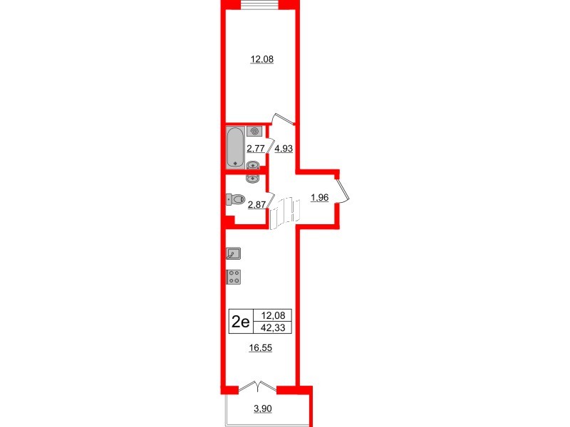 Квартира в ЖК «ЛесАрт», 1 комнатная, 42.33 м², 7 этаж