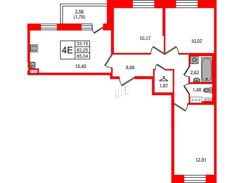 Квартира в ЖК Новое Колпино, 3 комнатная, 65.04 м², 10 этаж