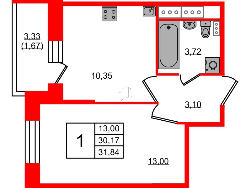 Квартира в ЖК Новое Колпино, 1 комнатная, 31.84 м², 9 этаж
