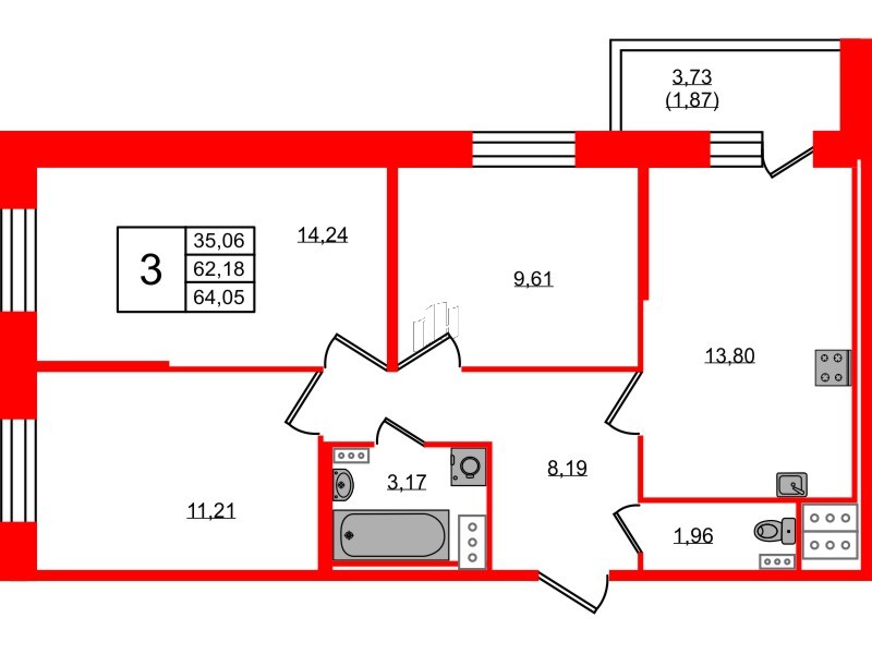 Квартира в ЖК Новое Колпино, 3 комнатная, 64.05 м², 8 этаж