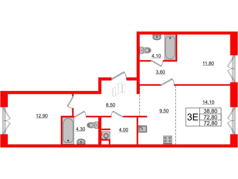 Квартира в ЖК Лермонтовский 54, 2 комнатная, 71.9 м², 7 этаж
