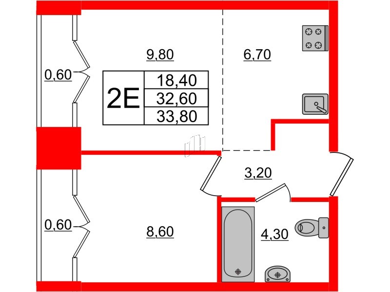 Квартира в ЖК Лермонтовский 54, 1 комнатная, 33.7 м², 9 этаж
