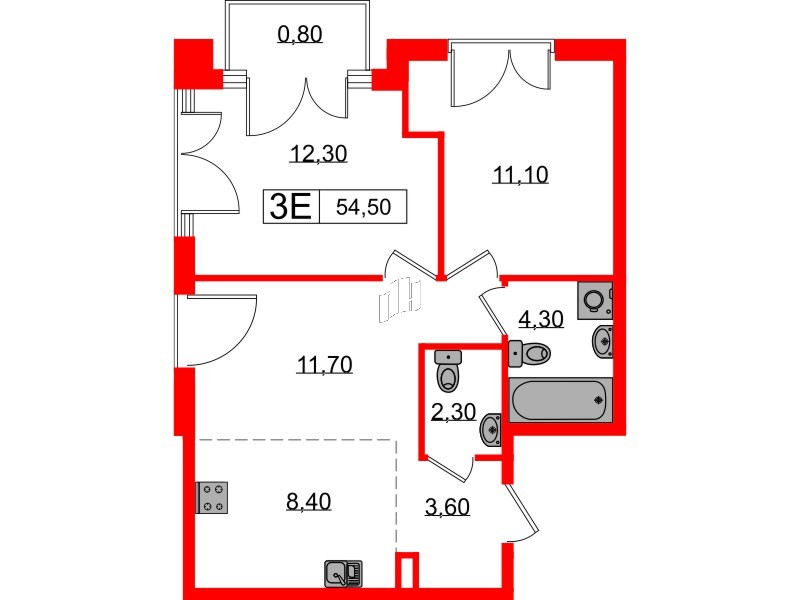 Квартира в ЖК Лермонтовский 54, 2 комнатная, 54.9 м², 4 этаж