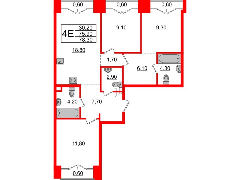 Квартира в ЖК Лермонтовский 54, 3 комнатная, 78 м², 8 этаж