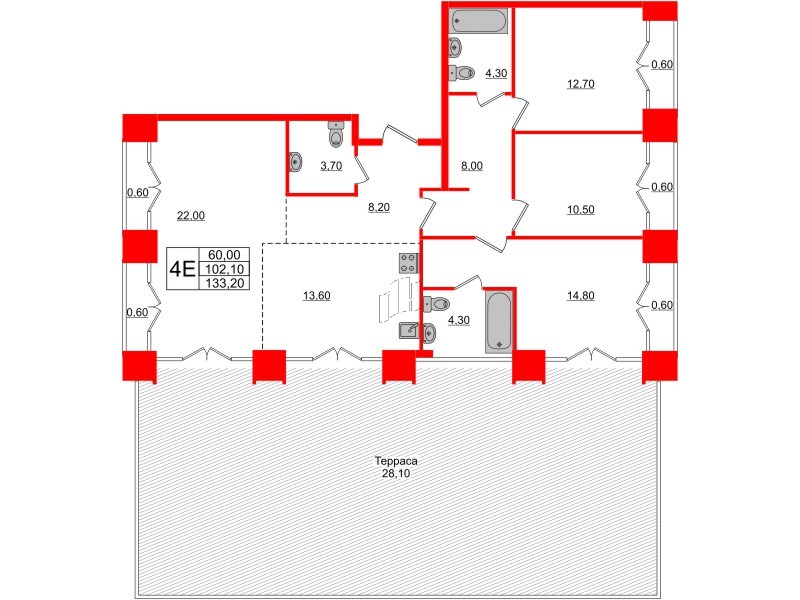 Квартира в ЖК Лермонтовский 54, 3 комнатная, 133.7 м², 8 этаж