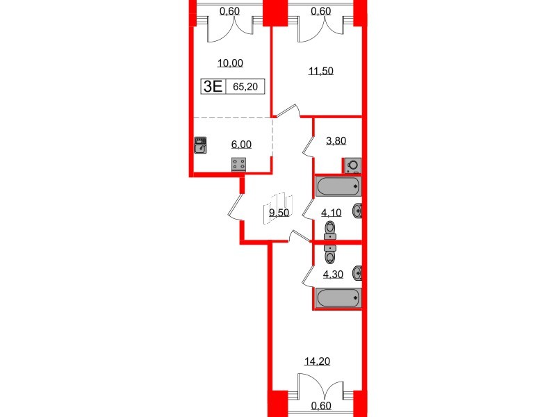 Квартира в ЖК Лермонтовский 54, 2 комнатная, 65.2 м², 9 этаж