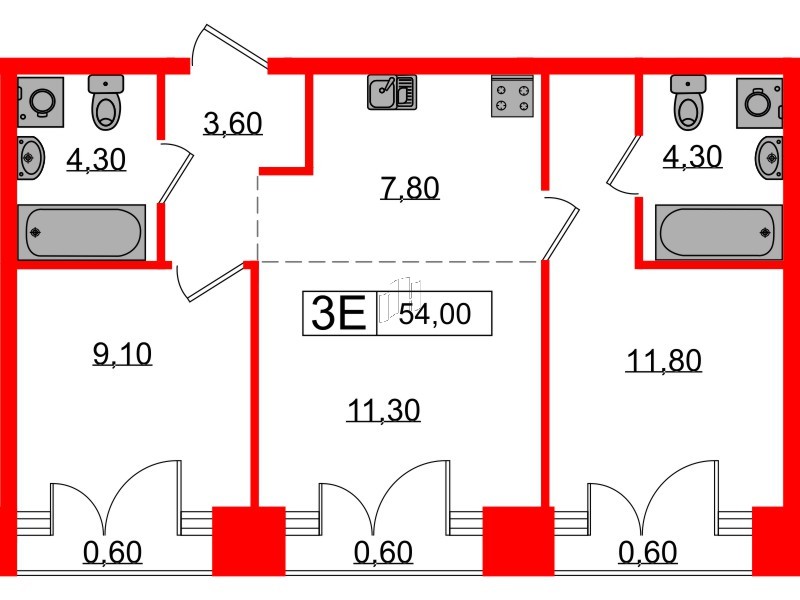 Квартира в ЖК Лермонтовский 54, 2 комнатная, 54 м², 9 этаж