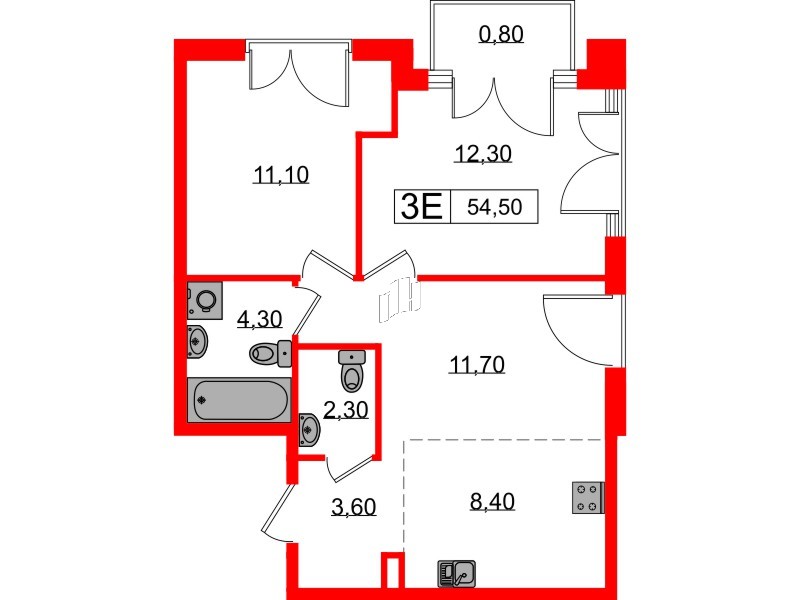 Квартира в ЖК Лермонтовский 54, 2 комнатная, 55 м², 6 этаж