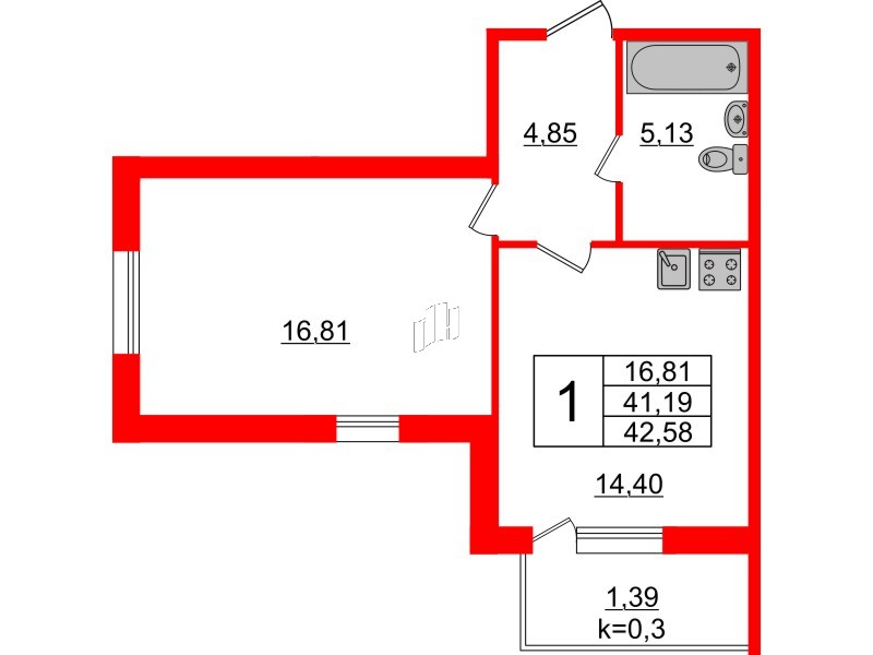 Квартира в ЖК Ювента, 1 комнатная, 43.9 м², 1 этаж