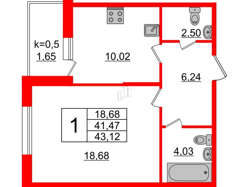 Квартира в ЖК Ювента, 1 комнатная, 44.3 м², 1 этаж