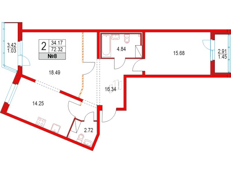 Квартира в ЖК Приморский квартал, 2 комнатная, 72.32 м², 3 этаж