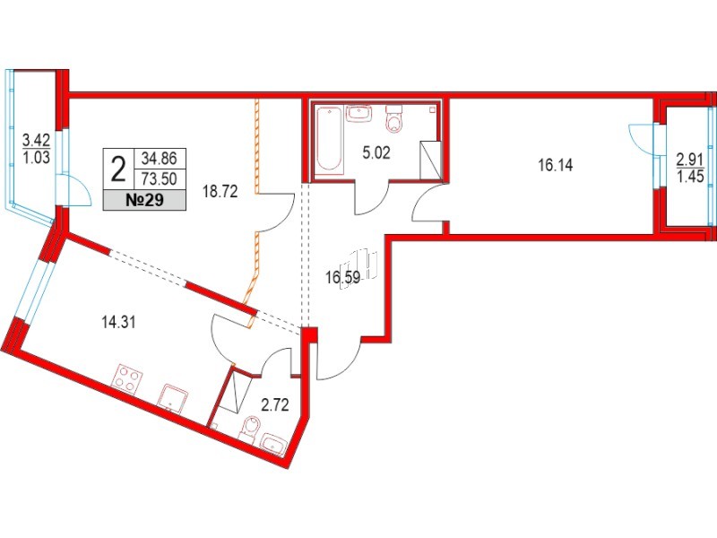 Квартира в ЖК Приморский квартал, 2 комнатная, 73.5 м², 6 этаж
