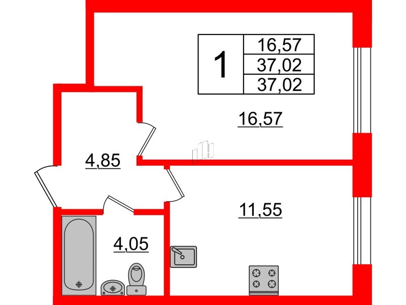 Квартира в ЖК Ювента, 1 комнатная, 37.5 м², 1 этаж