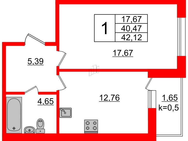 Квартира в ЖК Ювента, 1 комнатная, 42.8 м², 1 этаж