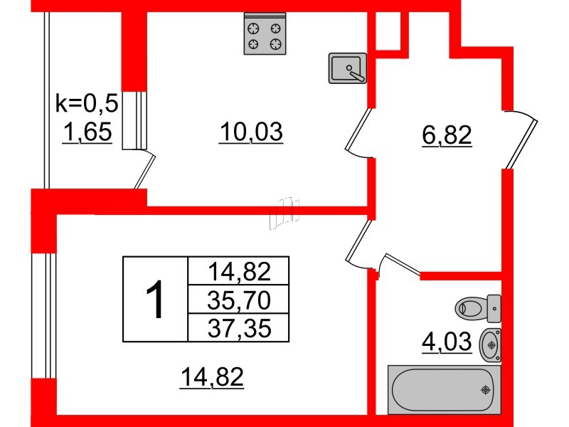 Квартира в ЖК Ювента, 1 комнатная, 38.7 м², 1 этаж