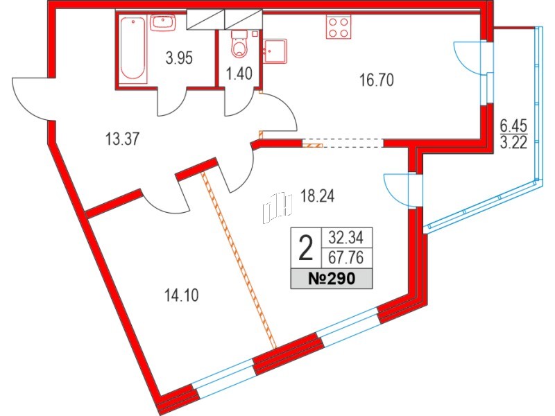 Квартира в ЖК Приморский квартал, 2 комнатная, 67.76 м², 3 этаж