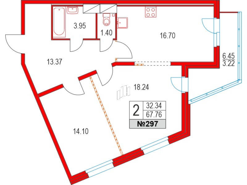Квартира в ЖК Приморский квартал, 2 комнатная, 67.76 м², 4 этаж