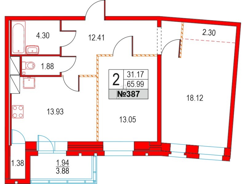 Квартира в ЖК Приморский квартал, 2 комнатная, 65.99 м², 11 этаж