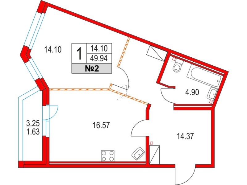 Квартира в ЖК Приморский квартал, 1 комнатная, 49.94 м², 2 этаж