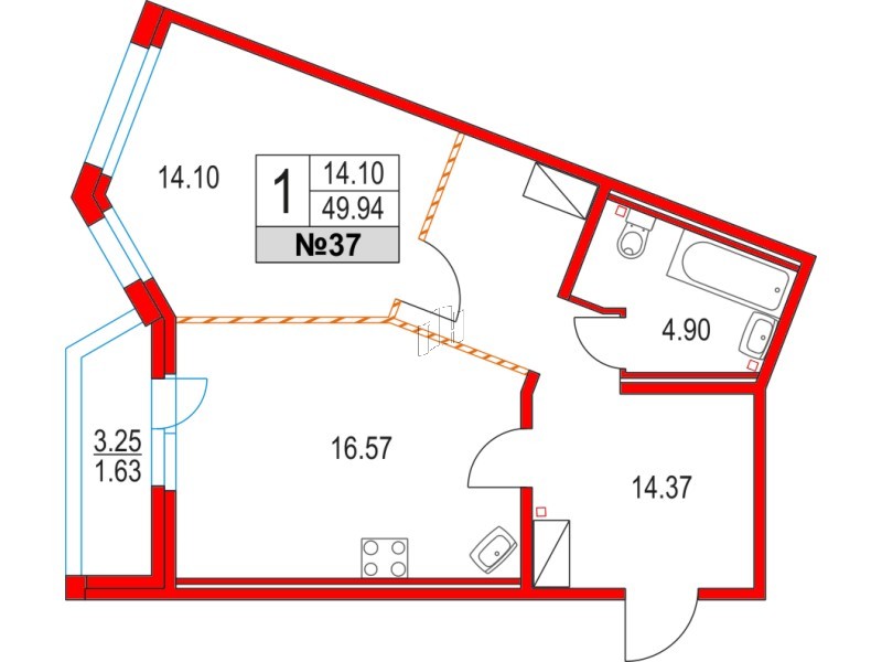 Квартира в ЖК Приморский квартал, 1 комнатная, 49.94 м², 7 этаж