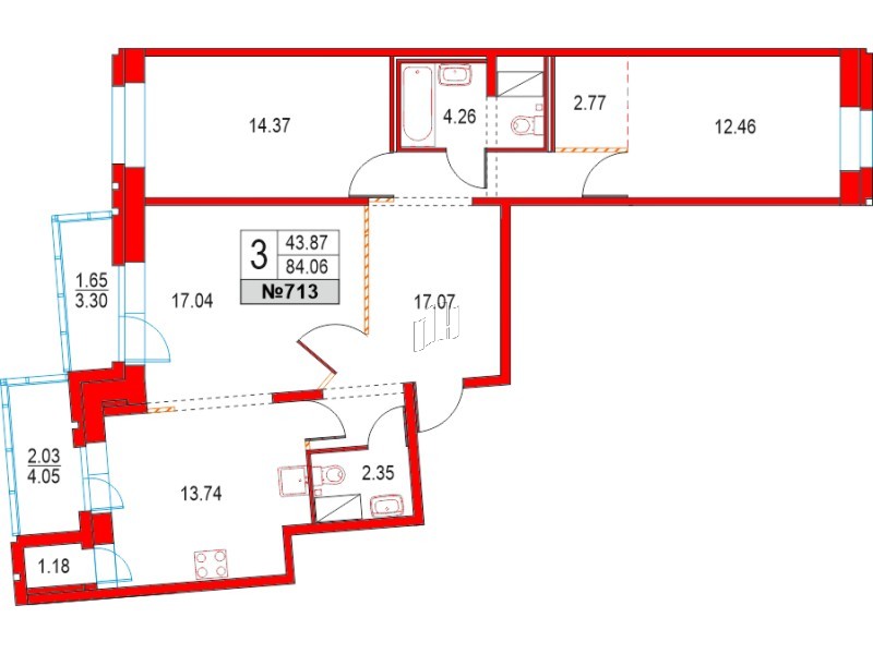 Квартира в ЖК Приморский квартал, 3 комнатная, 84.06 м², 9 этаж