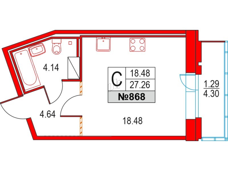 Квартира в ЖК Приморский квартал, студия, 27.26 м², 16 этаж