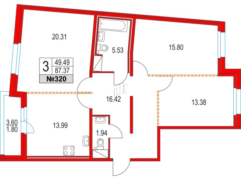 Квартира в ЖК Приморский квартал, 3 комнатная, 87.37 м², 3 этаж