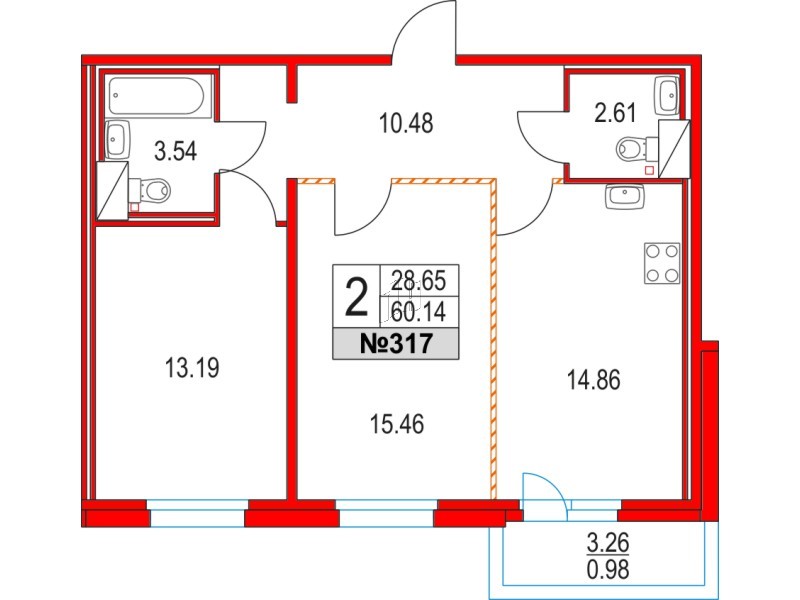 Квартира в ЖК Приморский квартал, 2 комнатная, 60.14 м², 2 этаж