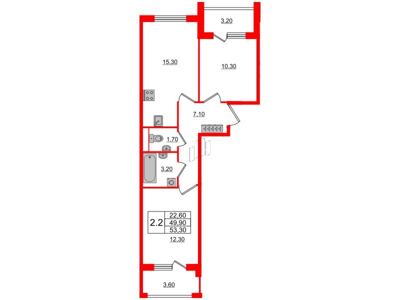 Квартира в ЖК Универ Сити, 2 комнатная, 49.9 м², 1 этаж