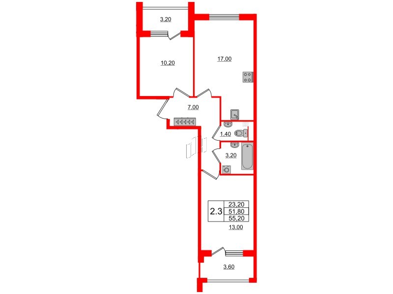 Квартира в ЖК Универ Сити, 2 комнатная, 51.8 м², 3 этаж