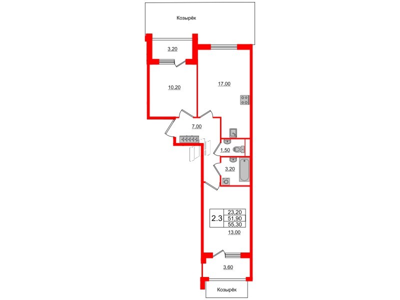 Квартира в ЖК Универ Сити, 2 комнатная, 51.9 м², 2 этаж
