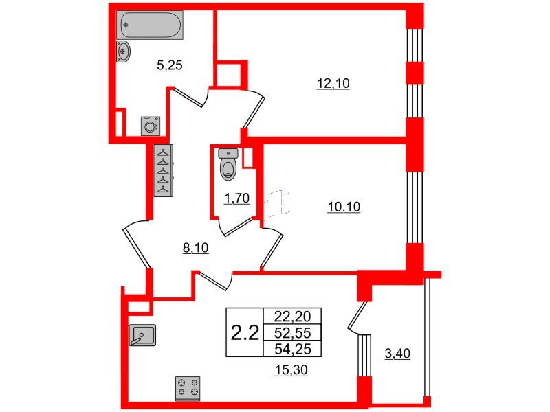 Квартира в ЖК Univer City, 2 комнатная, 52.55 м², 1 этаж