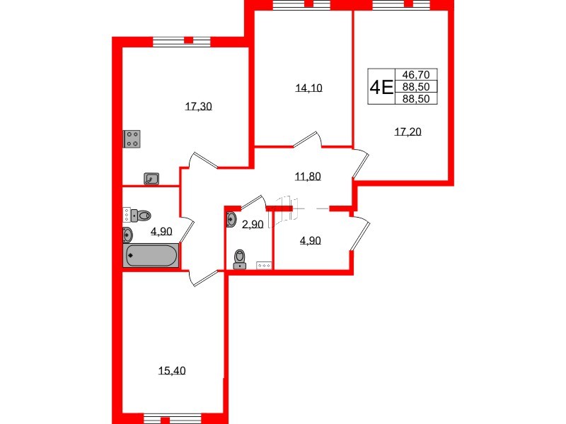Квартира в ЖК Монография, 3 комнатная, 88 м², 2 этаж