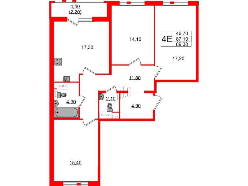 Квартира в ЖК Монография, 3 комнатная, 89.1 м², 11 этаж